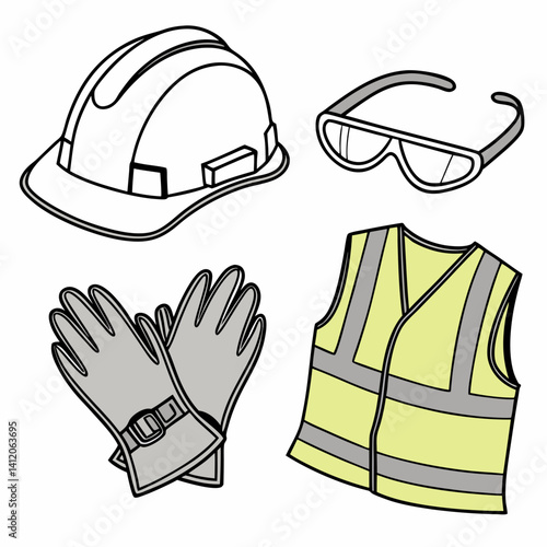 Construction Safety Equipment Depicting Hard Hat Vest Gloves And Safety Glasses