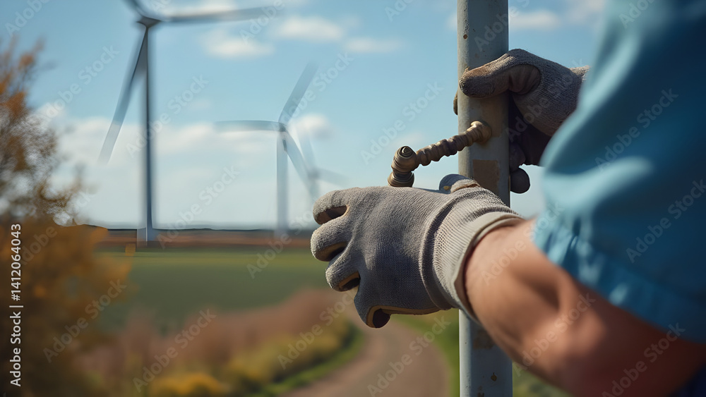 Naklejka premium Wind Turbine Maintenance: Engineer hands working on equipment. Ensuring renewable energy efficiency at a wind farm. Sustainable power technology.