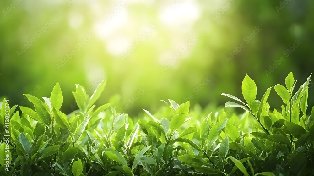 Fototapeta premium A close up view of vibrant verdant foliage bathed in the soft golden light of a serene sunrise in a peaceful rural landscape