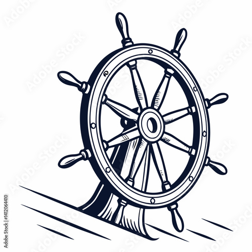 Nautical Ship Steering Wheel Illustration In Dark Blue On White Background