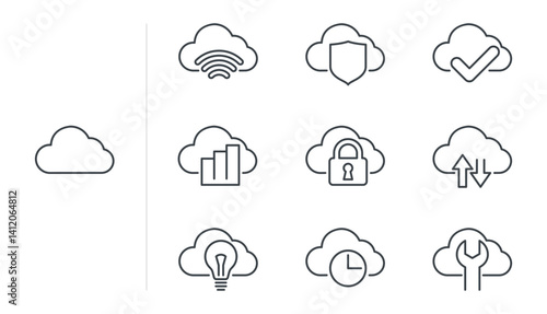 Cloud sign interacted with other symbols. Multi-purpose icons in thin line
