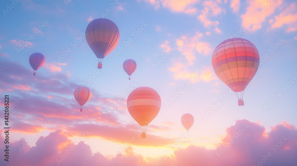 Naklejka premium Colorful balloons in the sky, a dreamy retro moment of joy and freedom