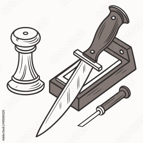 Vector Illustration Of A Knife Sharpener Tools And Wooden Pawn Chess Piece