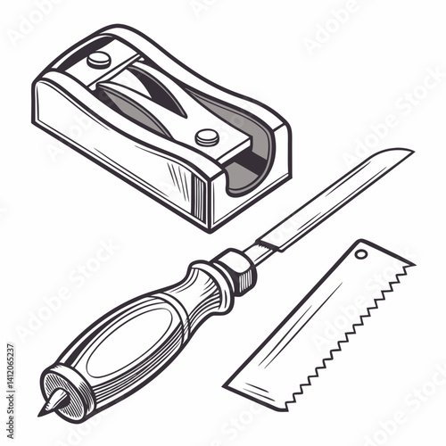 Set Of Carpentry Hand Tools With Awl,Chisel And Saw Outline