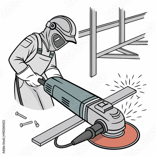 Construction Worker Grinding Metal With Safety Gear And Sparks Illustration