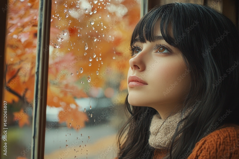 A woman at the window looks into the distance, raindrops on the glass, autumn outside
