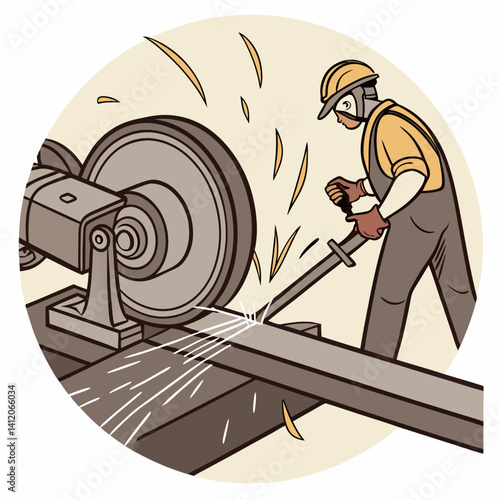 Cartoon Metalworker Cutting Steel Beam With Abrasive Saw Sparks Flying