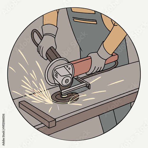 Cartoon Worker Grinding Metal With Safety Gloves Sparks Flying Illustration
