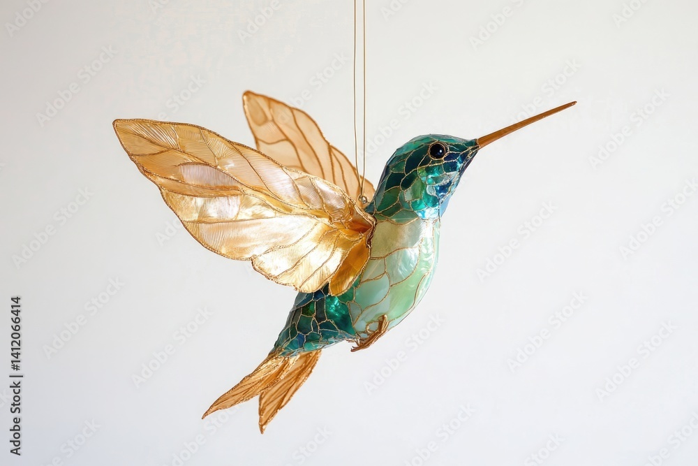 Obraz premium A delicate hummingbird ornament, crafted with gold wire and teal mosaic details, hangs elegantly.