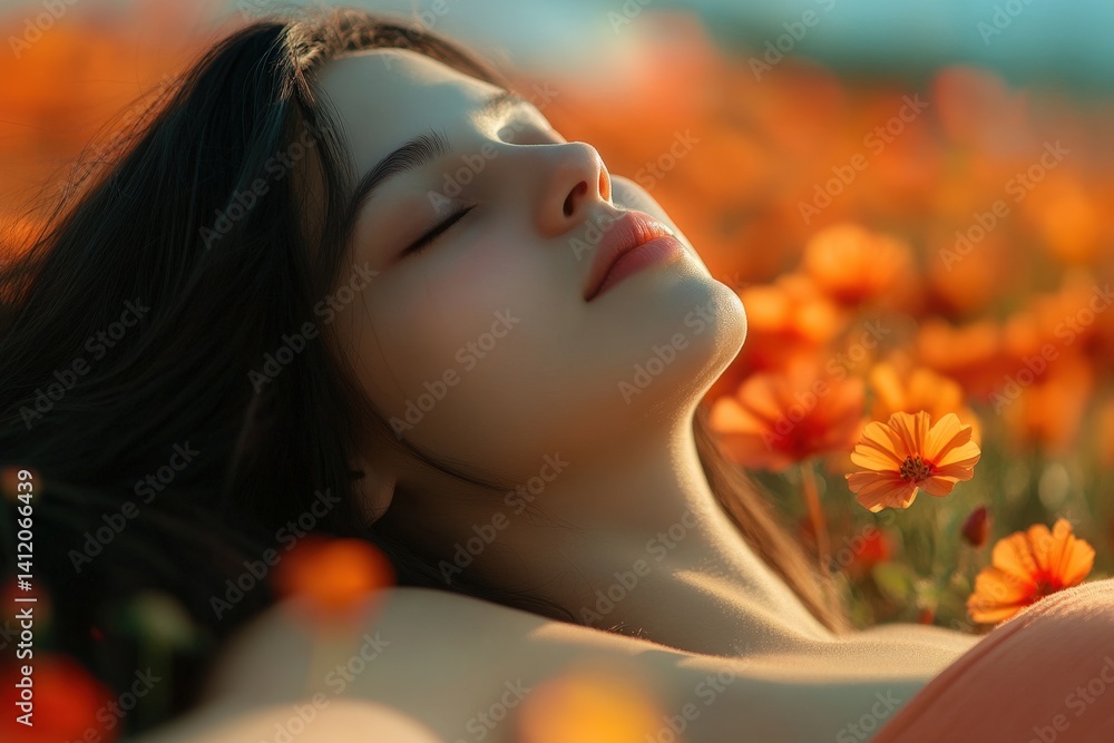 Naklejka premium Serene girl resting amidst vibrant orange blossoms.