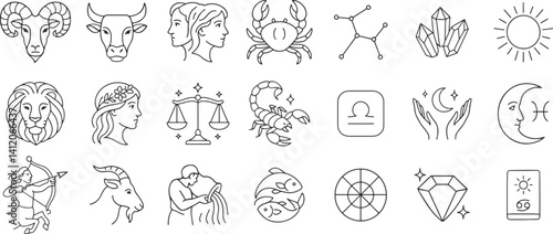 Zodiac line icon set. Vector pictograms of Aries, Taurus, Gemini, Cancer, Leo, zodiac, astrology, horoscope, Virgo, Libra, Scorpio, Sagittarius, Capricorn, Aquarius, Pisces, thin linear illustration.