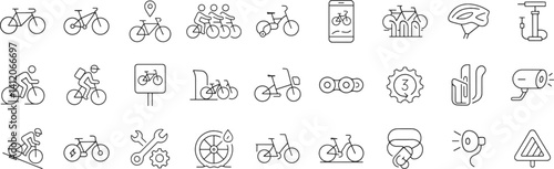 Bicycle line icon set. Vector pictograms of mountain bike parking, tracker, light, bell, group ride, downhill, thin linear illustration.
