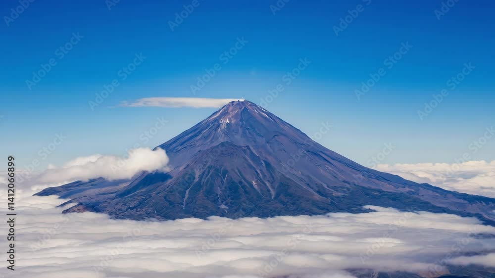 Majestic mountain peak pierces through a sea of clouds under a clear blue sky, revealing its rugged beauty and impressive scale. Majestic mountain peak pierces through a sea of clouds under a clear blue sky, revealing its rugged beauty and impressive scale.