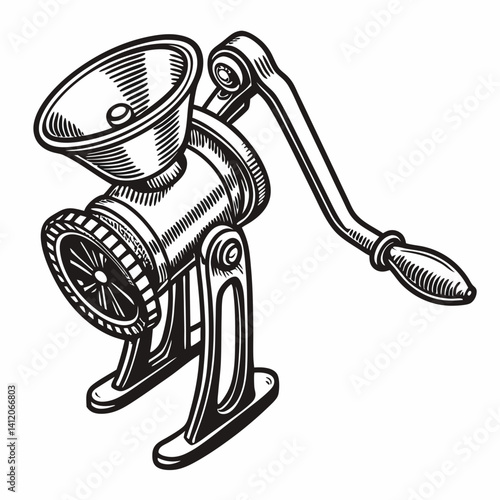 Black And White Illustration Of A Classic Hand Cranked Meat Grinder