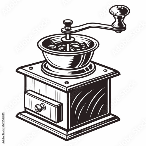 Vintage Coffee Grinder Monochrome Illustration Detailed Graphic Design