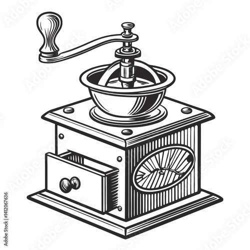 Vintage Hand Coffee Grinder Illustration Detailed Line Art Graphic Resource