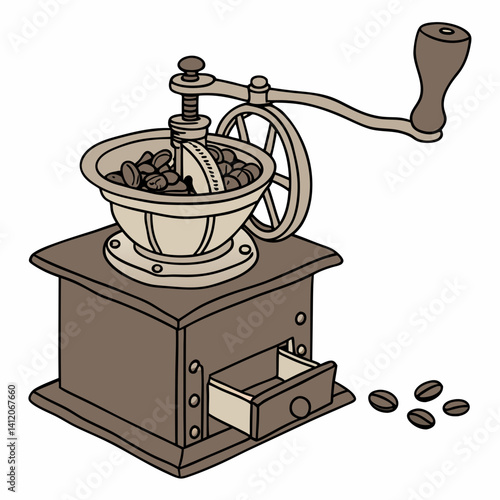 Vintage Coffee Grinder Illustration With Beans And Open Drawer Design