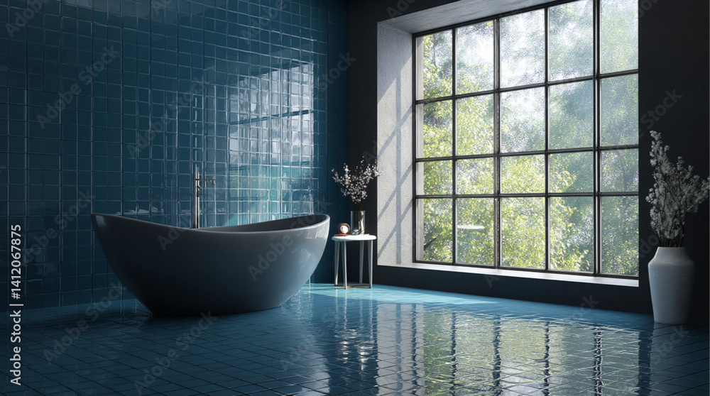 A stylish bathroom with deep blue tiles features a spacious freestanding bathtub situated by a large window, reflective floor tiles