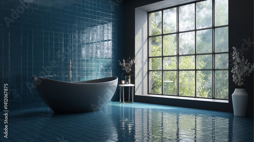 Obraz na płótnie A stylish bathroom with deep blue tiles features a spacious freestanding bathtub situated by a large window, reflective floor tiles w salonie