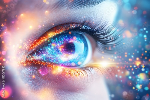 Obraz na płótnie Close-up of an eye, with pixels of a virtual world ai reflected in the iris w salonie