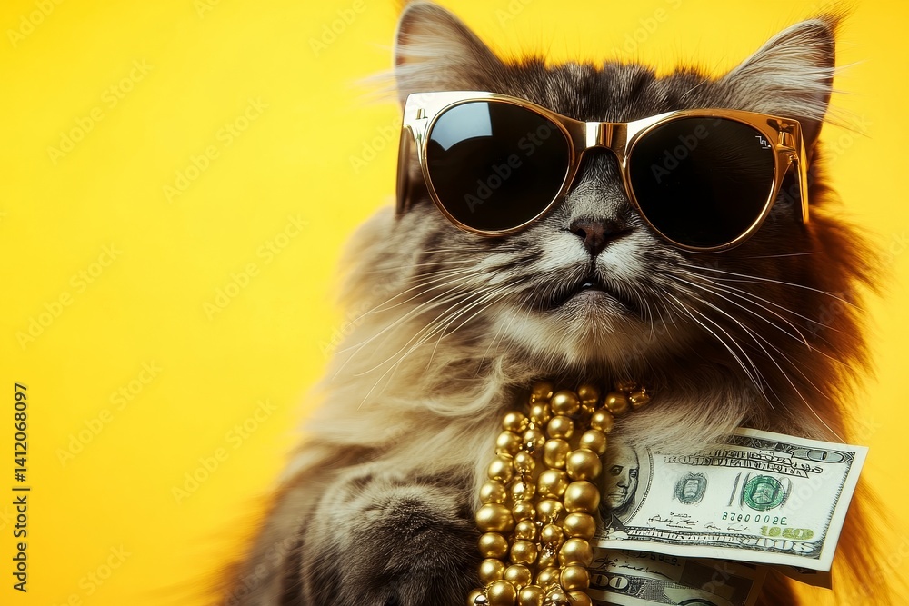 Cool rich successful hipster cat with sunglasses and cash money. Yellow background
