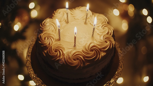 Elegant birthday cake with lit candles and smooth icing, celebrating joy and warmth of special moments