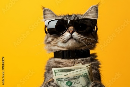 Cool rich successful hipster cat with sunglasses and cash money. Yellow background