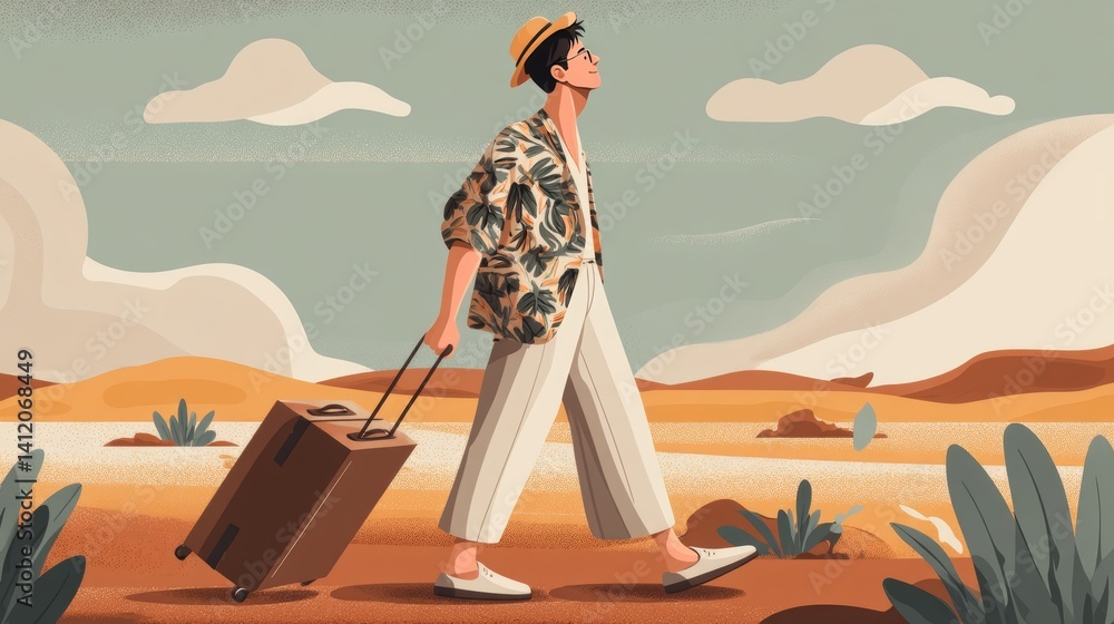 Obraz premium Happy man traveling with cabin suitcase, exploring places. Tourist lifestyle.