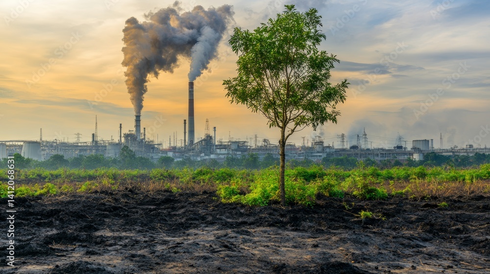 Ecological disaster. A lone tree among the parched earth and polluted air