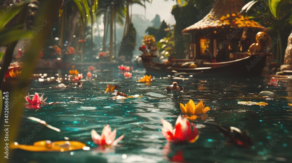 Lush, tropical river scene with miniature structures and flowers. Lush, tropical river scene with miniature structures and flowers.