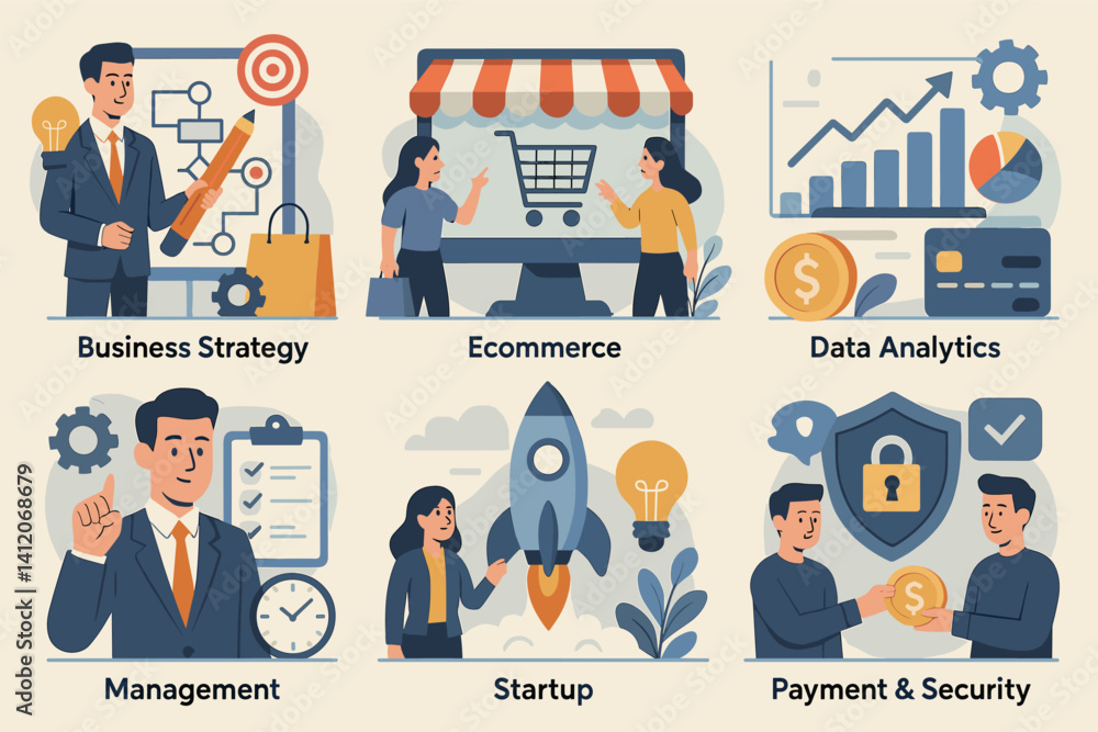 Business strategy and ecommerce concepts with data analytics, management, startup, and payment security Business strategy and ecommerce concepts with data analytics, management, startup, and payment security