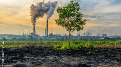 Ecological disaster. A lone tree among the parched earth and polluted air