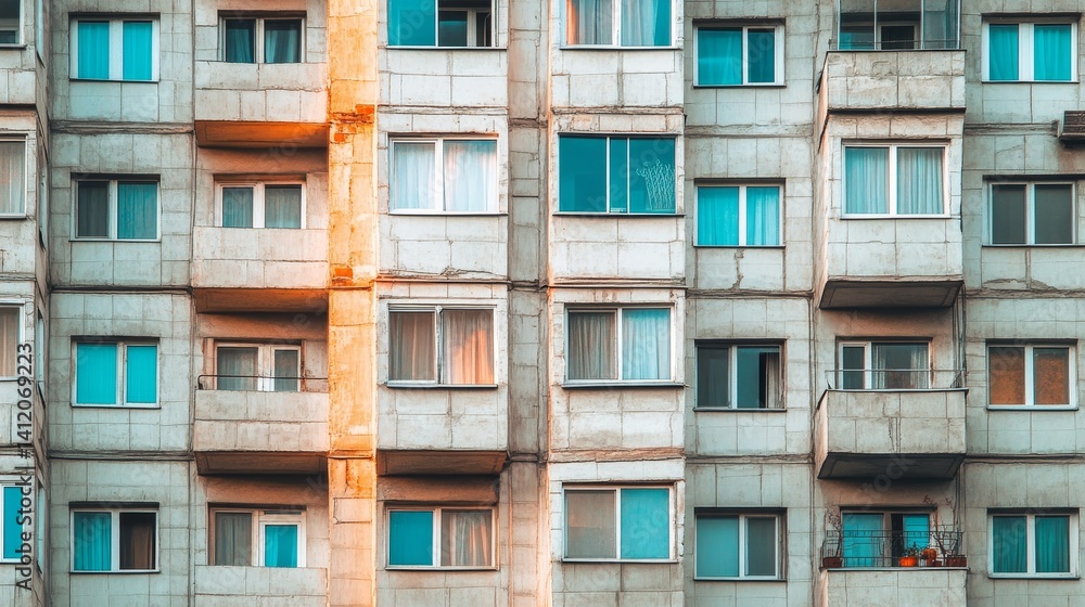 old soviet multi-apartment residential high building with windows and balconies, evening sunlight