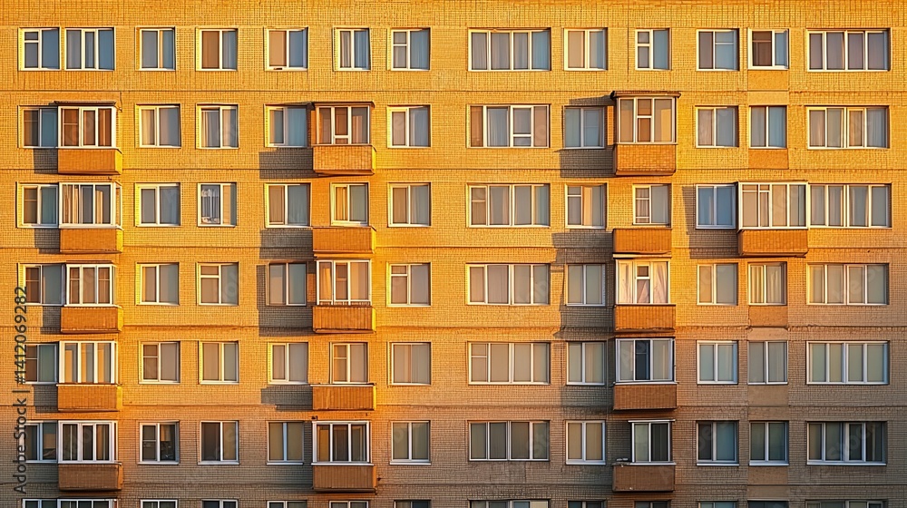old soviet multi-apartment residential high building with windows and balconies, evening sunlight