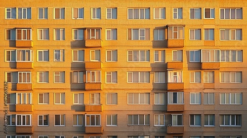 Obraz na płótnie old soviet multi-apartment residential high building with windows and balconies, evening sunlight w salonie