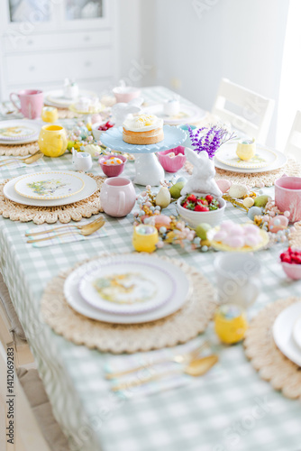 Easter table set up with blue and pink colours