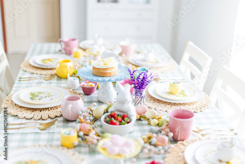 Easter table set up with lemon cake