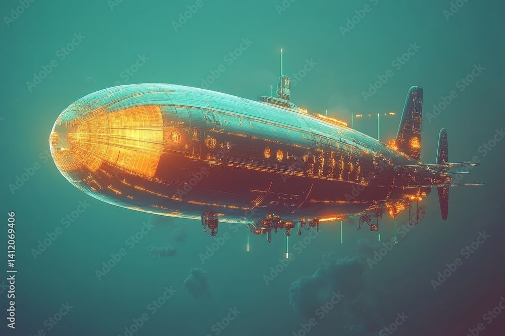 futuristic glowing airship in flight