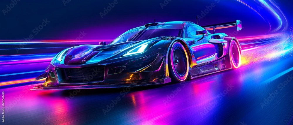 Futuristic Sports Car On Neon Highway. Powerful acceleration of a supercar with colorful lights trails