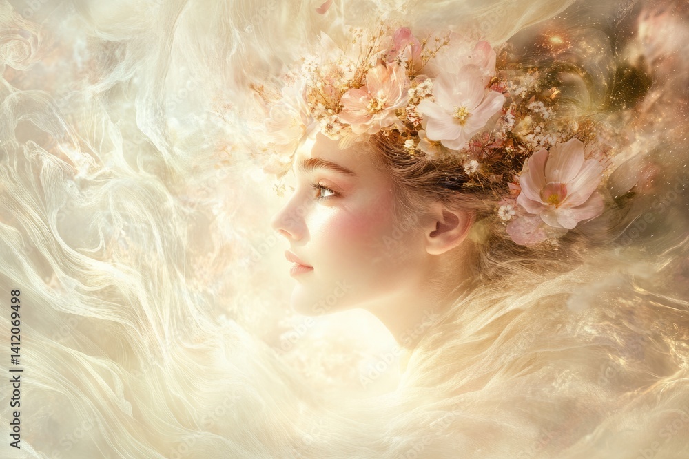 A ethereal woman adorned with a delicate flower crown, bathed in soft, golden light. A ethereal woman adorned with a delicate flower crown, bathed in soft, golden light.