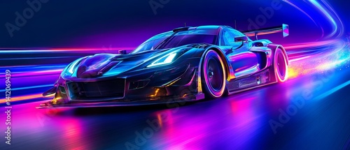 Obraz na płótnie Futuristic Sports Car On Neon Highway. Powerful acceleration of a supercar with colorful lights trails w salonie