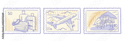 Stamps for stages of travel. Packing suitcases, flying on a plane among clouds. Summer vacation in a bungalow on a tropical beach. Vector set of stickers for suitcase, textile, t-shirts and scrapbook.