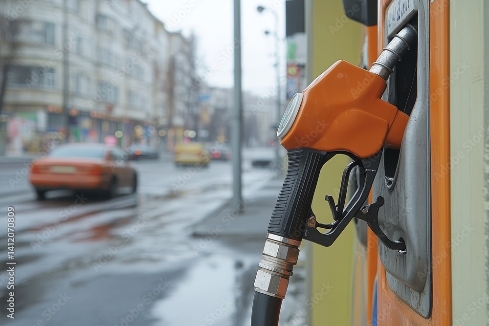 oil pump and nozzles at the gas station on the street in daylight