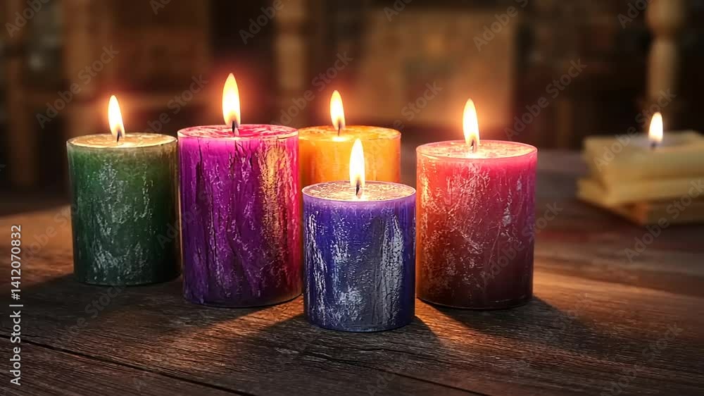 Colorful candles glowing softly on a rustic wooden table, creating a warm atmosphere in a cozy room Colorful candles glowing softly on a rustic wooden table, creating a warm atmosphere in a cozy room