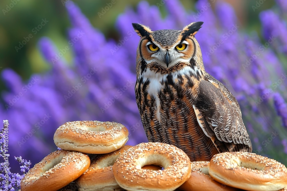An owl perched next to a plate of fresh bagels