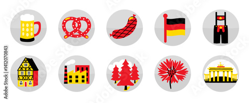 German icon set: beer, pretzel, lederhosen, bratwurst, sausage, flag, forest, factory, cornflower, half-timbered house