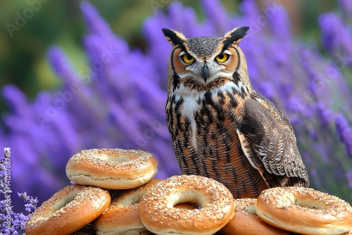 Obraz na płótnie An owl perched next to a plate of fresh bagels w salonie