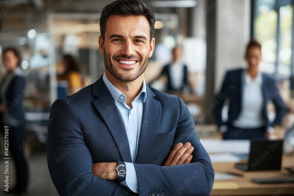 handsome smiling businessman in a suit standing in the office