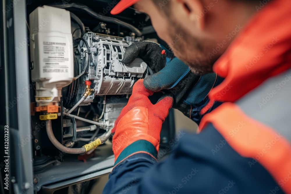 Repairman fixing a broken electric boiler or furnace