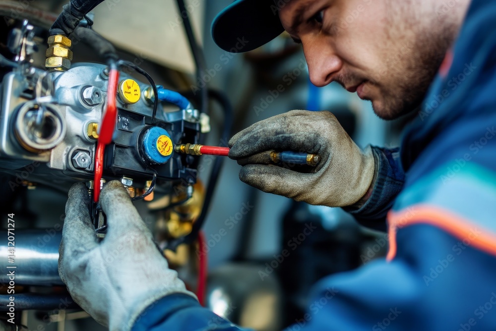 Repairman fixing a broken electric boiler or furnace